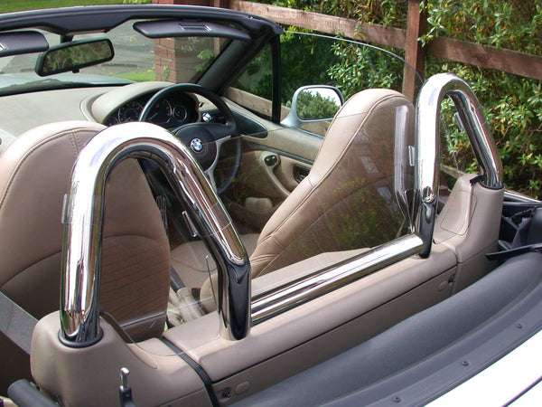 bmw z3 wind deflector to fit dual chrome roll bars clear