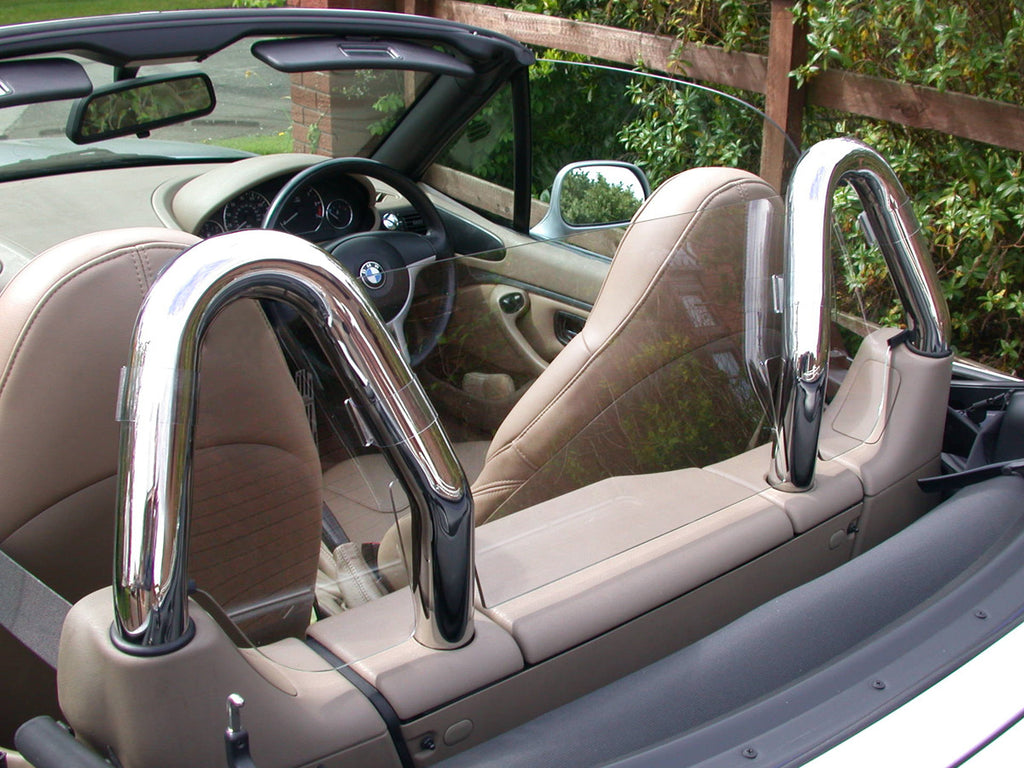 bmw z3 wind deflector to fit twin chrome roll bars clear